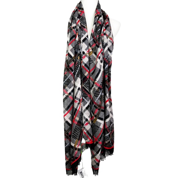 Vera Bradley Soft Fringe Scarf in Sofia Plaid Black Red 74”x25.5” - Picture 3 of 12